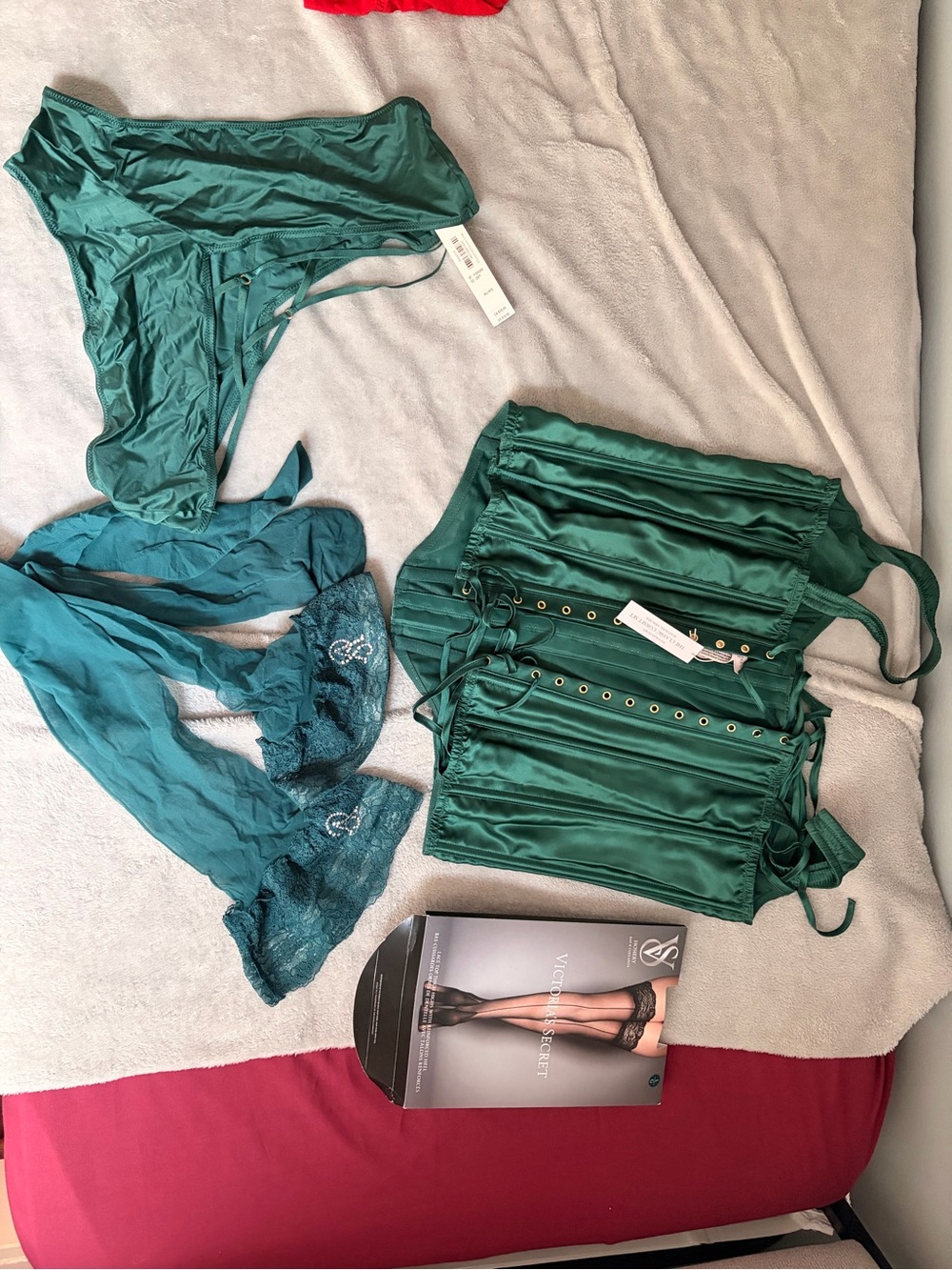 Victoria's Secret Deep Green Satin Corset Set with Lace-Top Stockings Lingerie